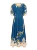 2025 Floral Linen Lantern Sleeve Dress with Round Neck and Waist-Cinching Design