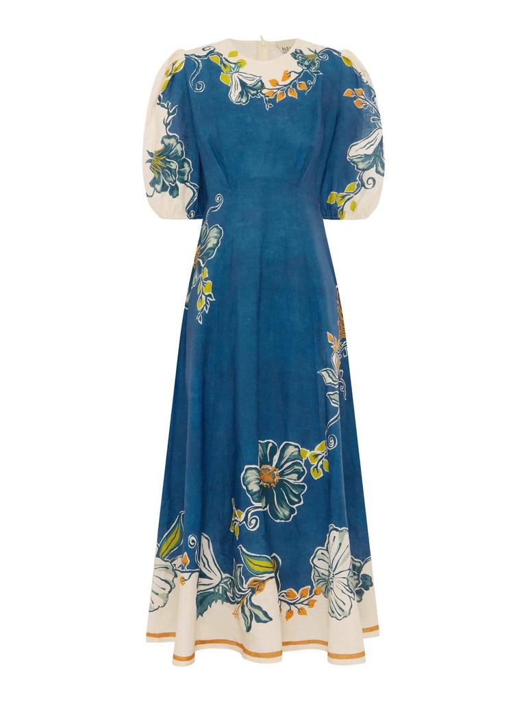 2025 Floral Linen Lantern Sleeve Dress with Round Neck and Waist-Cinching Design