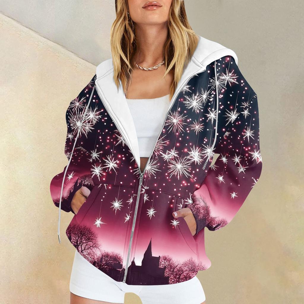 Damenmode Casual Weihnachtsdruck Sweatshirt Herbst Winter Langarm Cardigan Jacke Mit Tasche Reißverschluss Hoodie Jacke