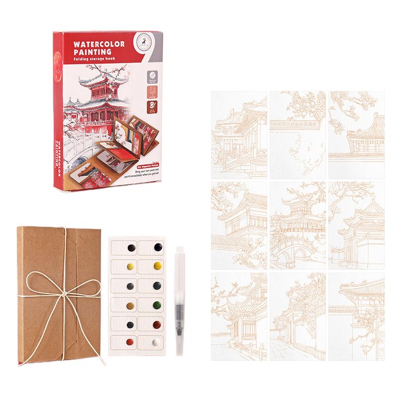 9 Blatt/Set Aquarellmalset, Dickes Aquarell-Faltaufbewahrungsbuch Mit Einem Stift, Feiertags-Geburtstagsgeschenk, Partygeschenk