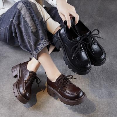 Scarpe da Donna Retrò in Vera Pelle con Tacco Grosso Stile Britannico con Suola Spessa e Stringate