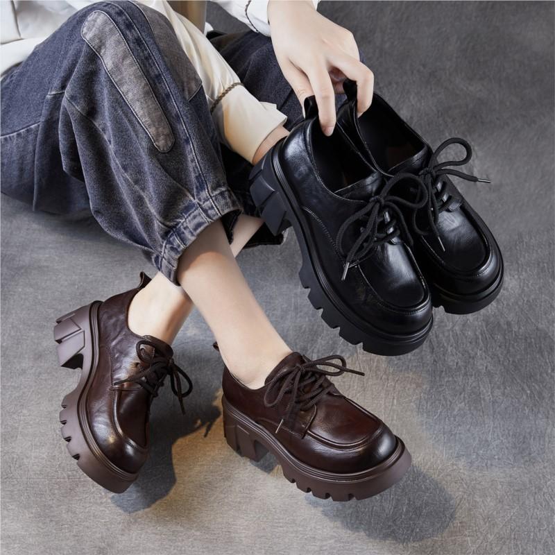 Johnature Genuine Leather Retro Women's Thick Heels Shoes British Style Thick Soled Lace Up Pumps