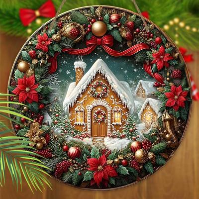 Placa de Natal de Madeira com Padrão de Casa de Gengibre - Placa Redonda Clássica de Navidad para Decoração de Pendurar na Parede da Porta da Frente - Ornamento de Natal Ideal