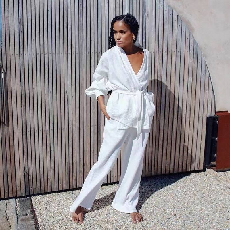 

Fashion Cardigan Shoelace Top and Trousers Suit Homewear Cardigan Lace up Top Pants Set White M