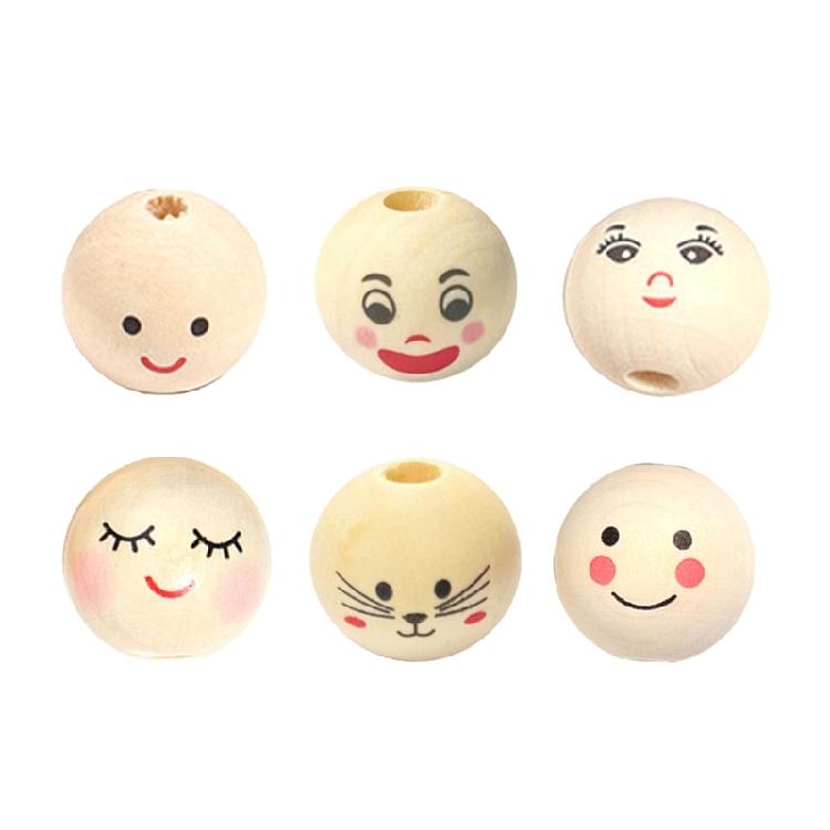 50Pcs Loose Round Wood Beads Face Jewelry DIY Children Beading Smile Beads