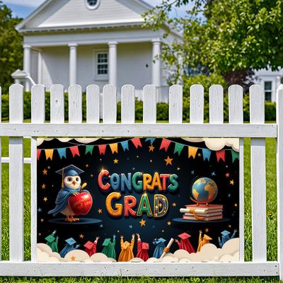 Event Backdrop Cap And Gown Graduation Party Banner Congrats Banner Star Motif School Celebration Banner For Photo Background