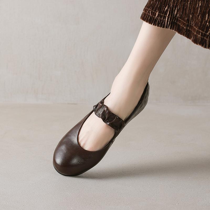 Fashion 2025 New Spring Women Flats Round Toe Women Shoes Fashion Flat Heels Mary Janes Ladies Shoes Genuine Leather Retro Brown Shoes