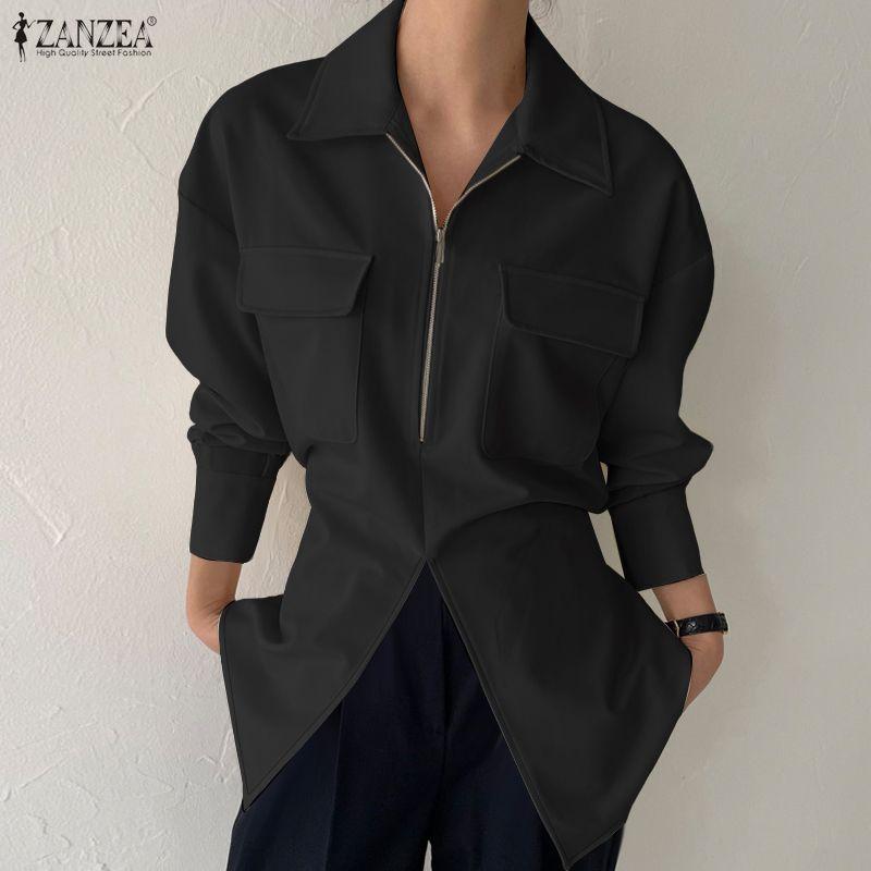 ZANZEA Women Turn Down Collar Loose Casual Long Sleeve Zipper Blouse