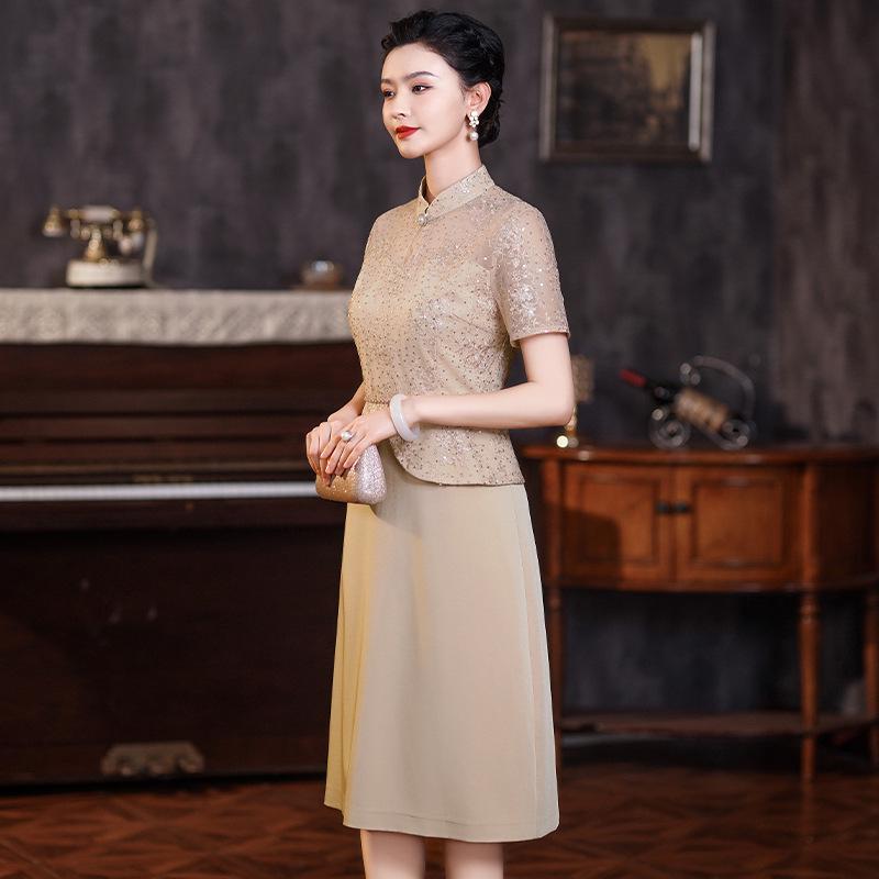 Champagne Qipao Dress - 2024 Spring Collection for Middle-Aged Women