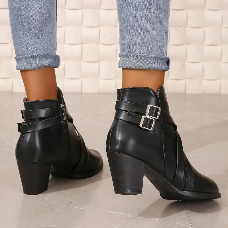 Fashion Shoes for Women 2024 Winter New Pin Buckle Design Zipper Women's Boots Comfortable Thick Heel Commuting Office Ladies Shoes