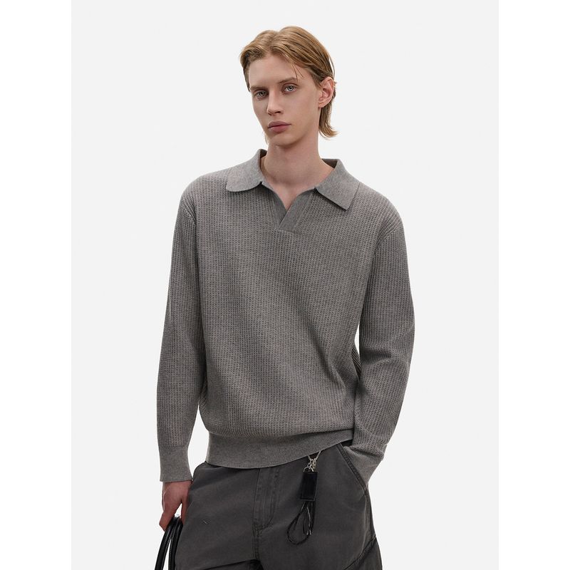 Blaexit Retro Vintage Money-Style Waffle Knit Henry Collar Long-Sleeve Base Shirt for Men with Textured Polo Shirt Feel