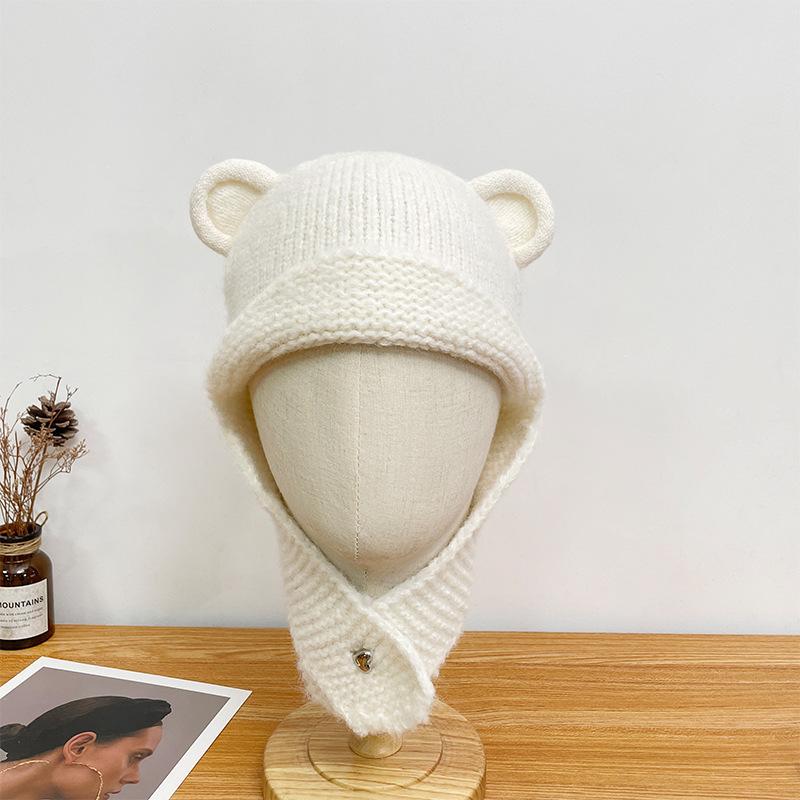 Cute Bear Ears Knitted Woolen Hat for Women in Autumn and Winter Versatile Face Showing Small Solid Color Hat Warm and Ear Protecting Lei Feng Hat