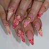 24Pcs Purple Cat Eye Almond Press On Nails French Tip With 3D Love Star Rhinestone And Pearl Nail Art