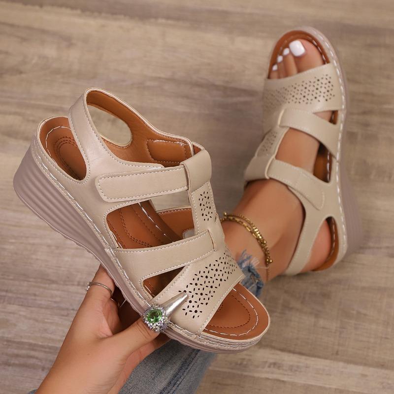 Women's Wedge Hollow Thick-Soled Buckle-Strap Velcro Beach Sandals, Fashionable Footwear, Available In Large Sizes.