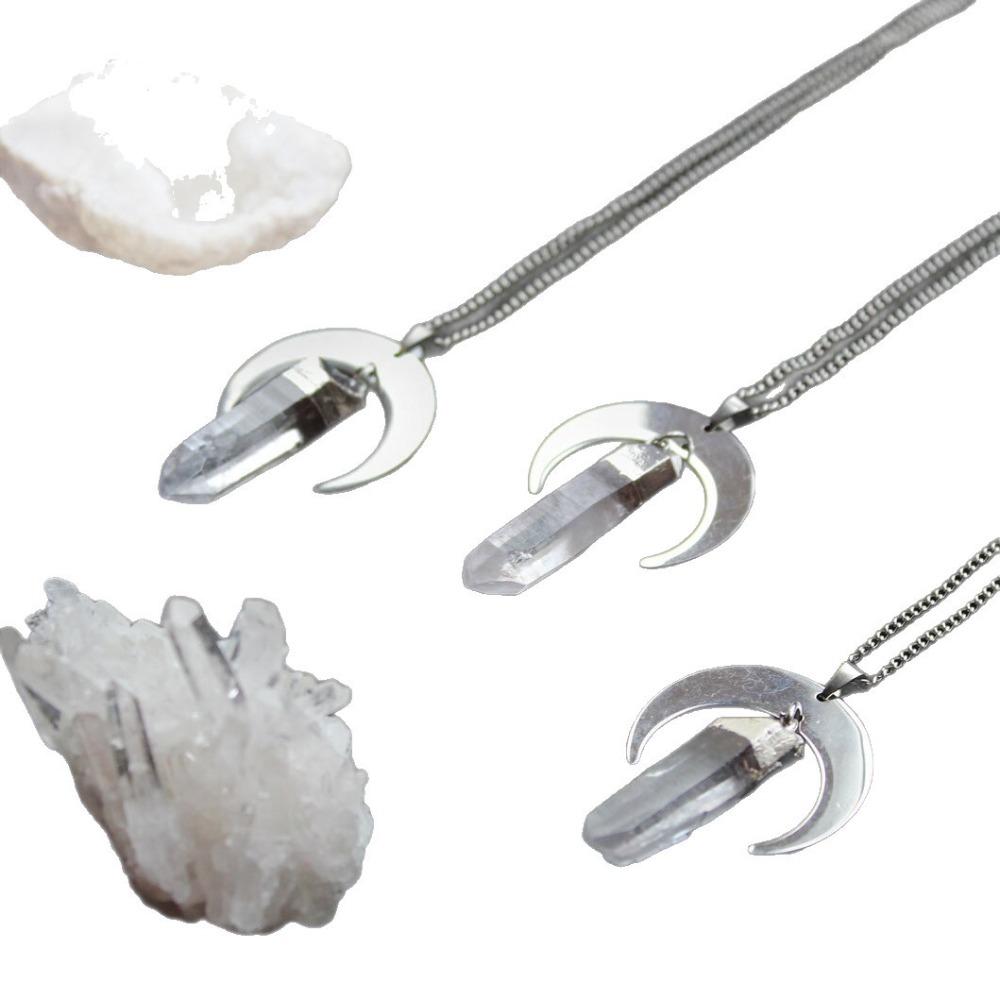 Personality Silver Color Crescent Transparent Crystal Column Pendant Necklaces for Woman Men Collarbone Chain Sorceress Jewelry