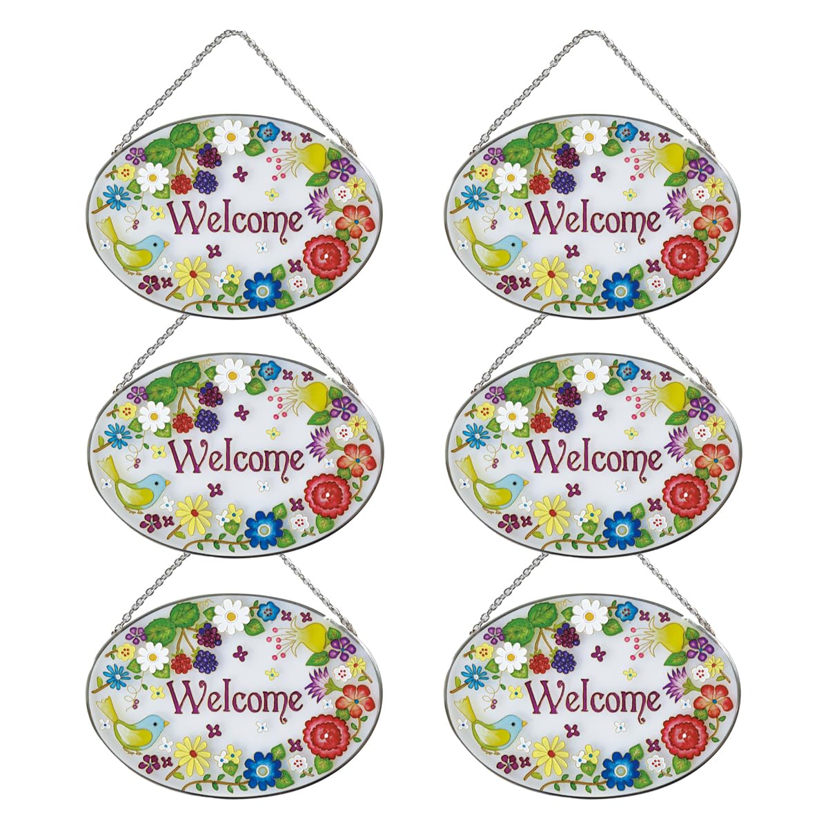 Fourcart Милый Ручной работы Стекло Витражное Лесная Птица Набор из 6 Рамка, Добро пожаловать, Овальная,
