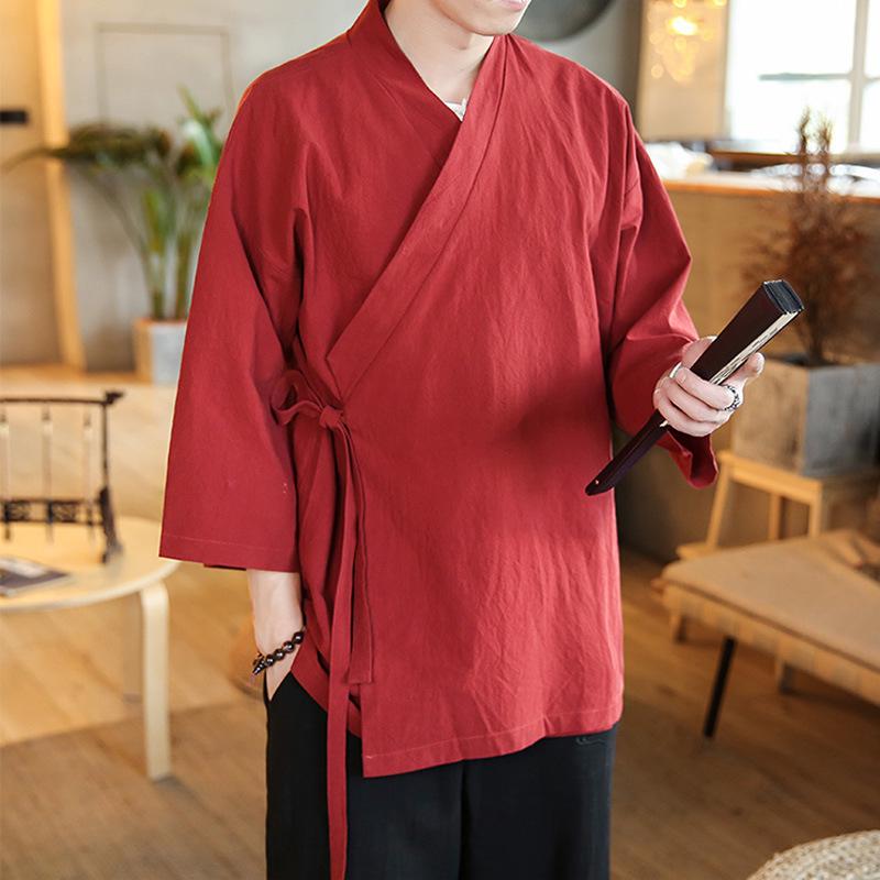 Three-Quarter Sleeve Hanfu Men's Traditional Taoist Robe - Chinese Style Zen Jacket