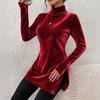 Women's Fashion Velvet Turtleneck Pullover Slim Fit with Side Slit Elegant Top for Everyday Wear