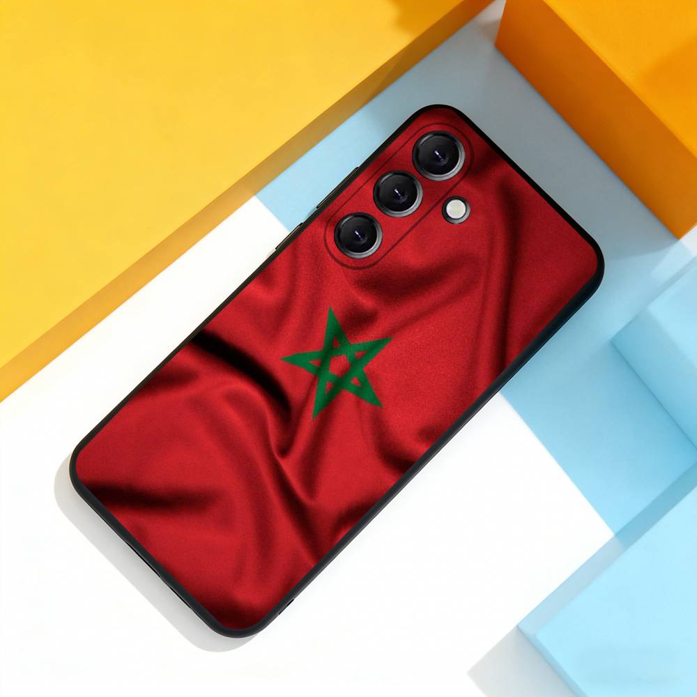 Custodia per Telefono con Mappa Bandiera del Marocco M-Maroc Per Samsung Galaxy A 22,71,53,52,51,72,73,5G,Note,J7,8,9 Copertura Nera Morbida