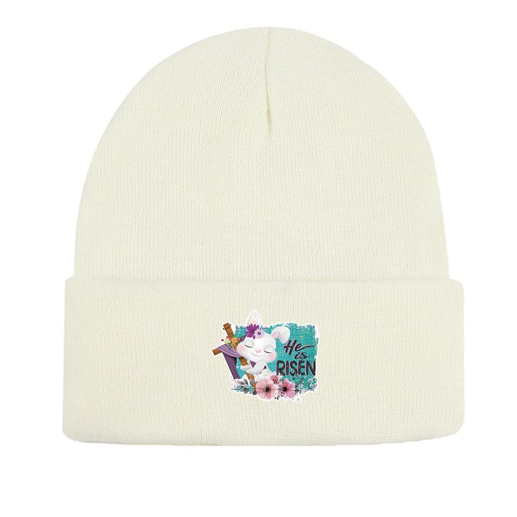 HE IS RISEN" Rabbit Print Knitted Cap Beanie, Easter Skull Cap Cancer Chemo Winter Sporting Headwear Knit Hat Beanie
