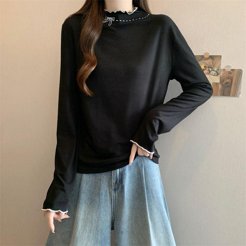 

Женский флисовый топ с высоким воротником, вышивкой в виде банта и оборками, с длинными рукавами L чёрный