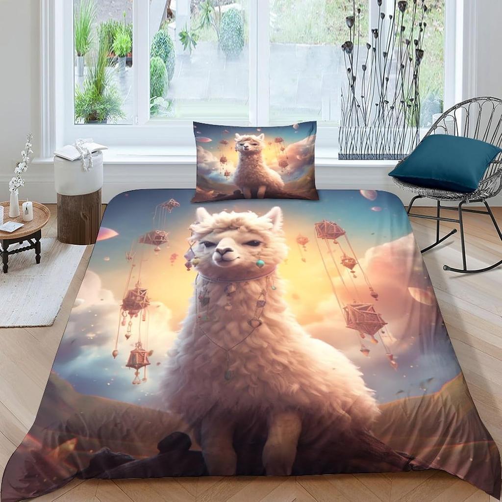 Alpaca 3D Printed Cloud Animal Duvet Cover Queen Size Cotton Comforter Bedding Set 3 Pcs With Pillowcases For Kids And Adults