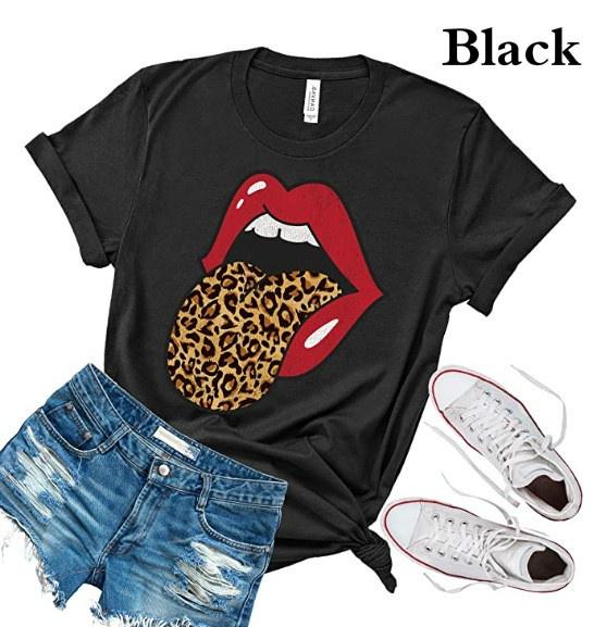 Nová letní trička s červenými ústy a potiskem rtů, vtipné leopardí tričko