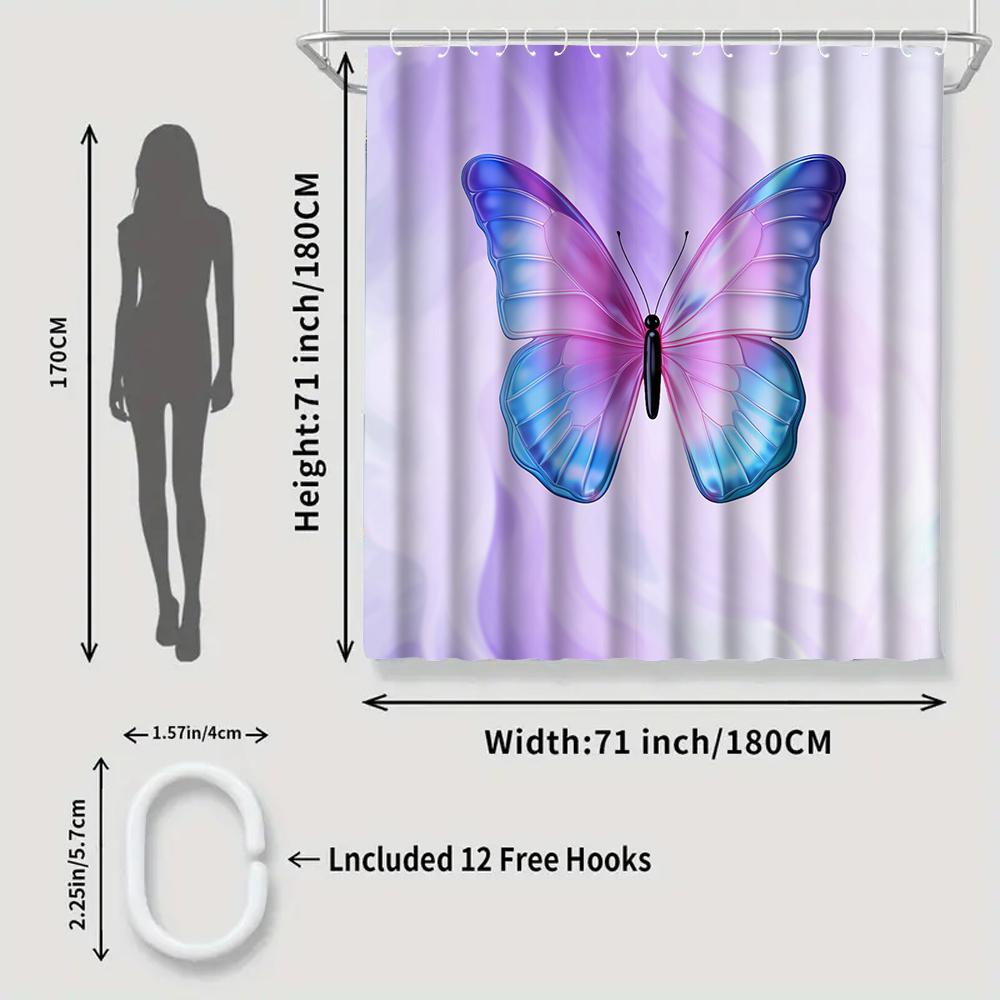 1/4 Pink Butterfly Circle Shower Curtains, Toilet Seat Decoration, Shower Curtain With Carpet And Toilet Lid, 12 70.8X70.8 Inch
