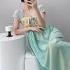 Hanfu nightdress women's summer square neck short-sleeved skirt solid color lace-up national style cotton and silk loungewear mint green cotton silk 