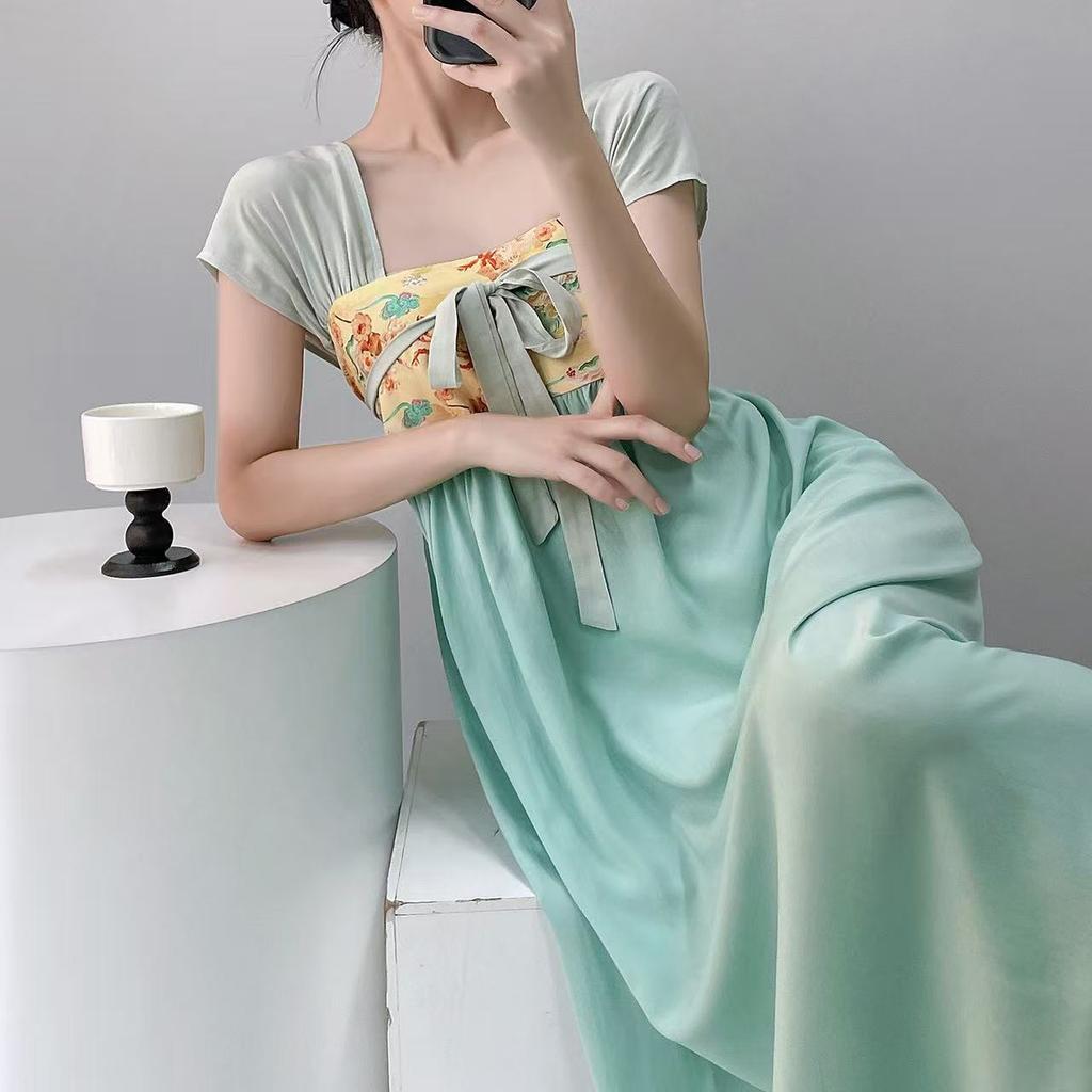 Hanfu nightdress women's summer square neck short-sleeved skirt solid color lace-up national style cotton and silk loungewear mint green cotton silk 