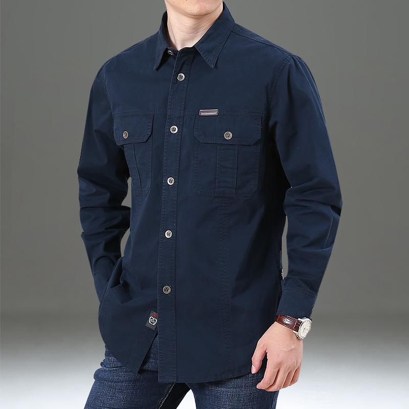 Nouvelle Chemise à Manches Longues de Printemps pour Homme Ample Grande Taille Décontractée Couleur Unie Coton Âge Moyen