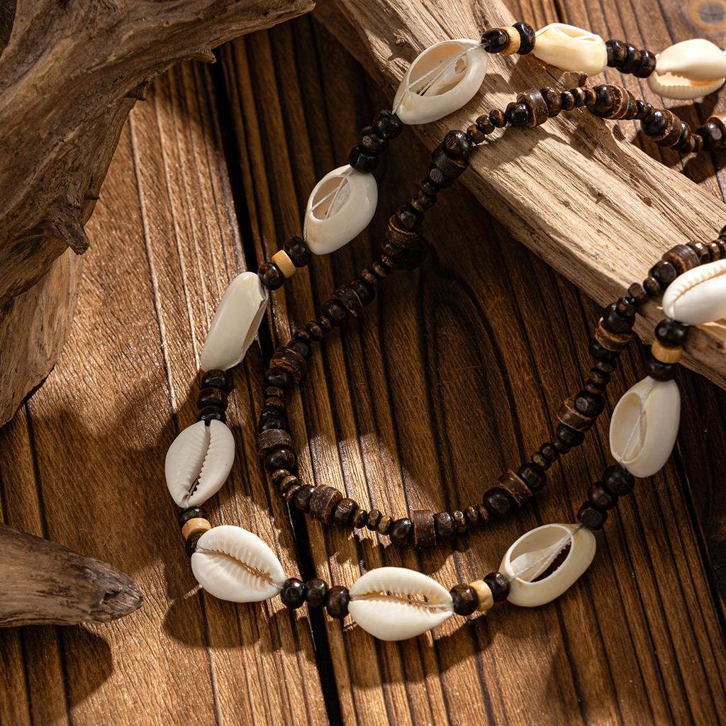 Salircon 2Pcs/Set Retro Gothic Scallop Wood Beaded Chain Necklace Men Hip Hop Fashion Versatile Handmade Choker Necklace Jewelry