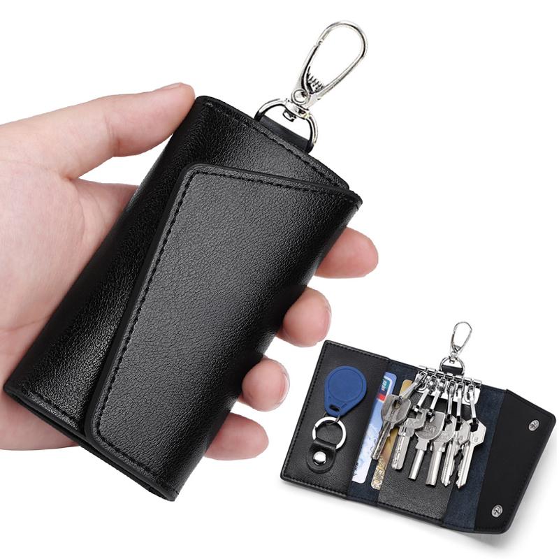 Portable Leather Housekeeper Holders Car Keychain Key Punck Bag Case Men Black Keys Wallet Cover Simple Solid Color Storage Bags