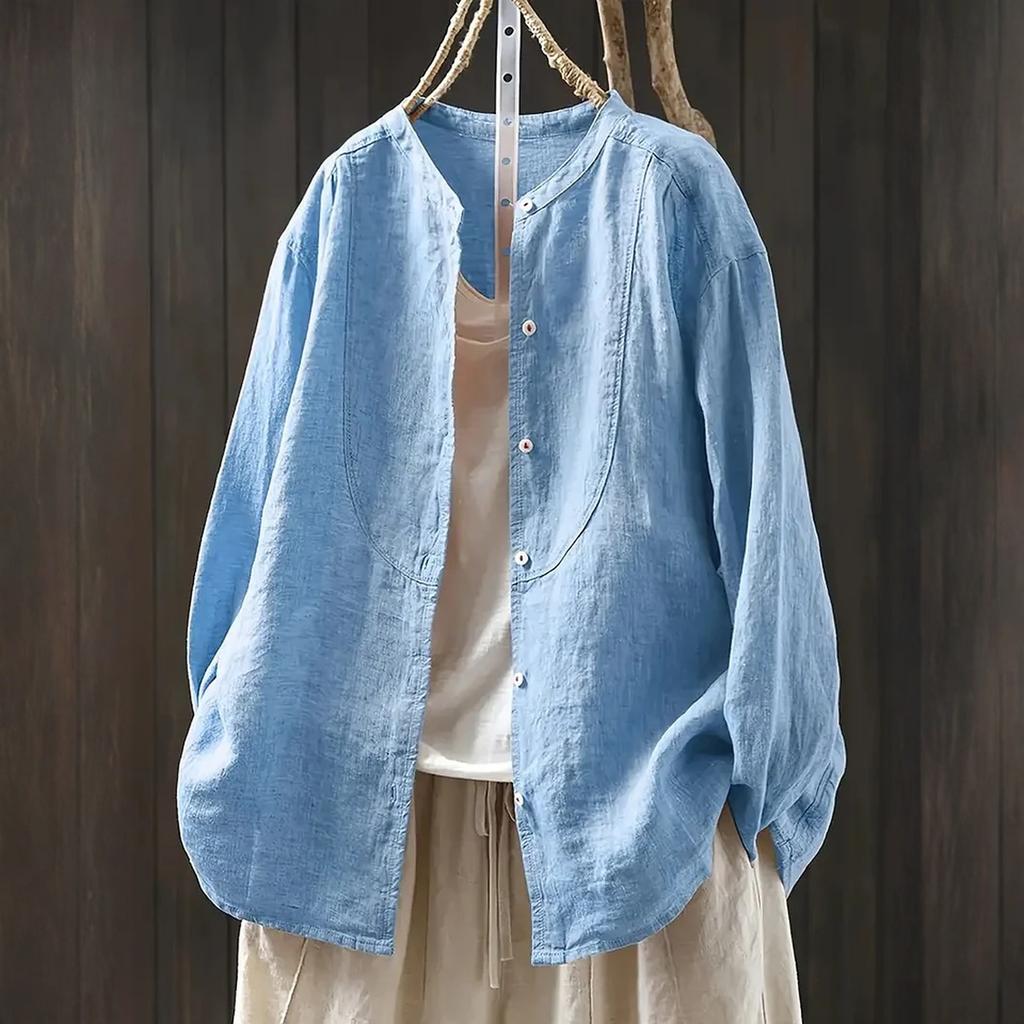 Women's ,color Cotton And Linen Long,sleeved Cardigan Shirt Top