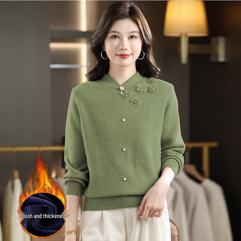 

Autumn & Winter Stylish Slimming Fleece Knit Sweater for Middle-Aged & Elderly Women - Plus Velvet & Thick One Size зелений
