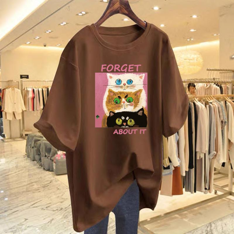 

Pure cotton medium and long t-shirt women s short-sleeved spring and summer new foreign style fashion cat print loose age-reducing tee top XXXL