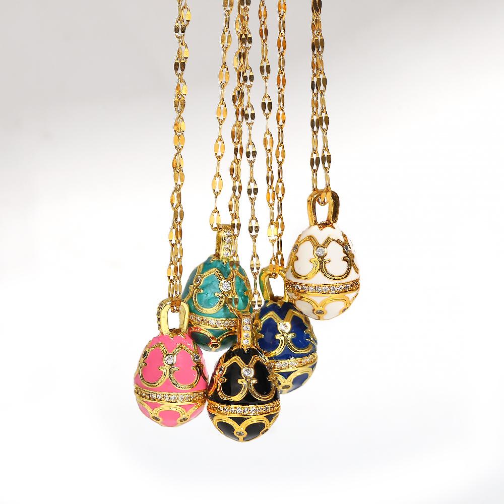 AENSOA Bunte Emaille Ostereier Anhänger Halsketten für Frauen Guilloche Medaillon Ei Strassstein Charm Halskette Gold Farbe Schmuck