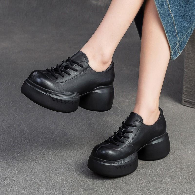 Fashion GKTINOO 2025 Autumn New Genuine Leather Thick Sole Pumps Versatile Retro Round Toe Lace-up Women's Platform Shoes