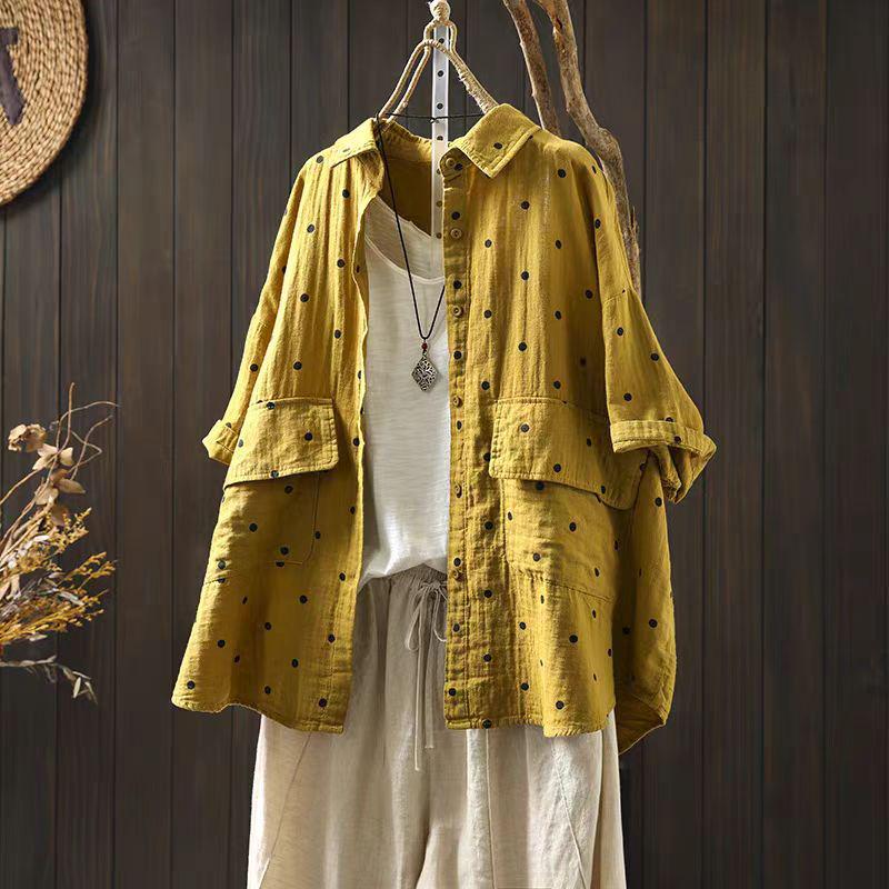 2025 Women's Cotton Linen Polka Dot Shirt - Short Sleeve, Loose Fit, Plus Size, Artistic Casual Summer Jacket