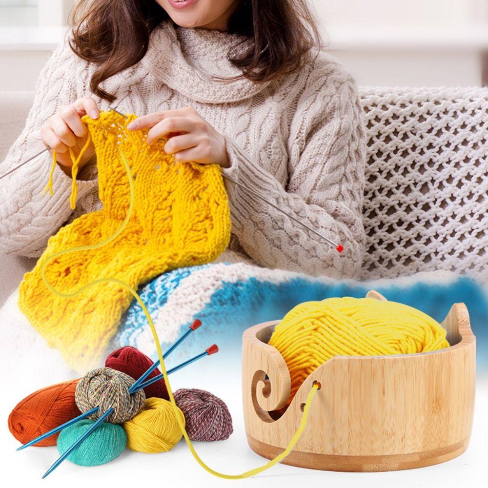 Practical Wooden Yarn Bowl With Holes Yarn Organizer Durable Knitting Storage Bowl Crocheting