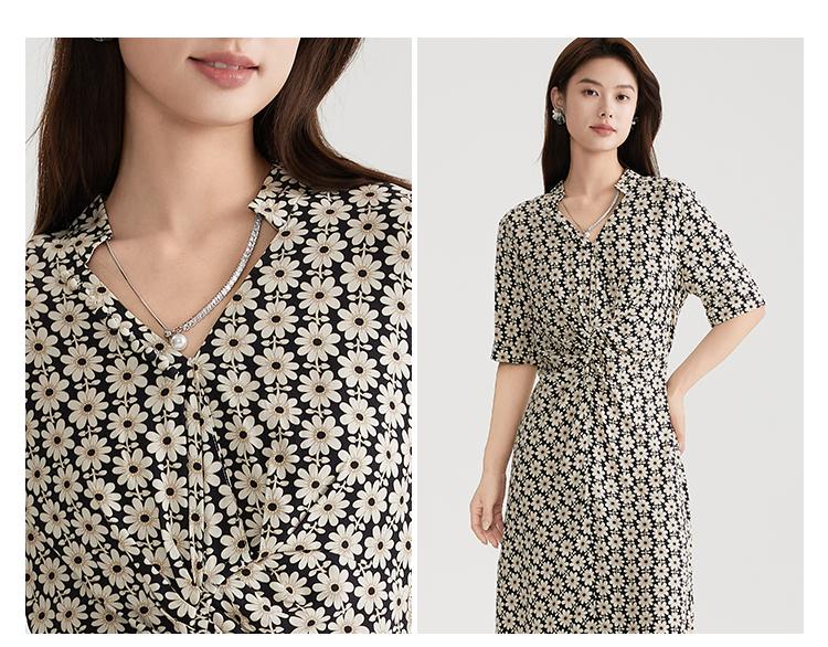 Gubang Printed V-neck Dress for Women In the Summer of 2026, with a Slimming and Waist Hugging Mid Length Chiffon A-line Skirt