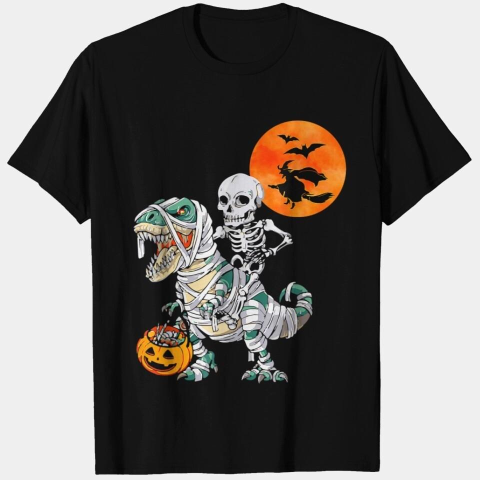 Skeleton Riding T Rex Dinosaur Mummy, Pumpkin Halloween T-Shirt S