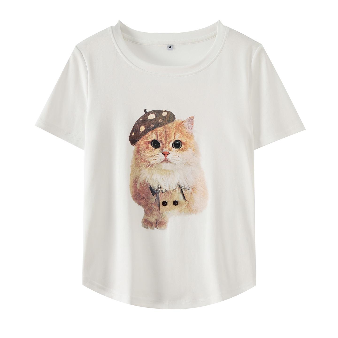 

Plus Size Women s American Style Orange Cat Print T-shirt - Summer 2026 Slimming Round Neck Top XL (130-150 jin) брудно-білий