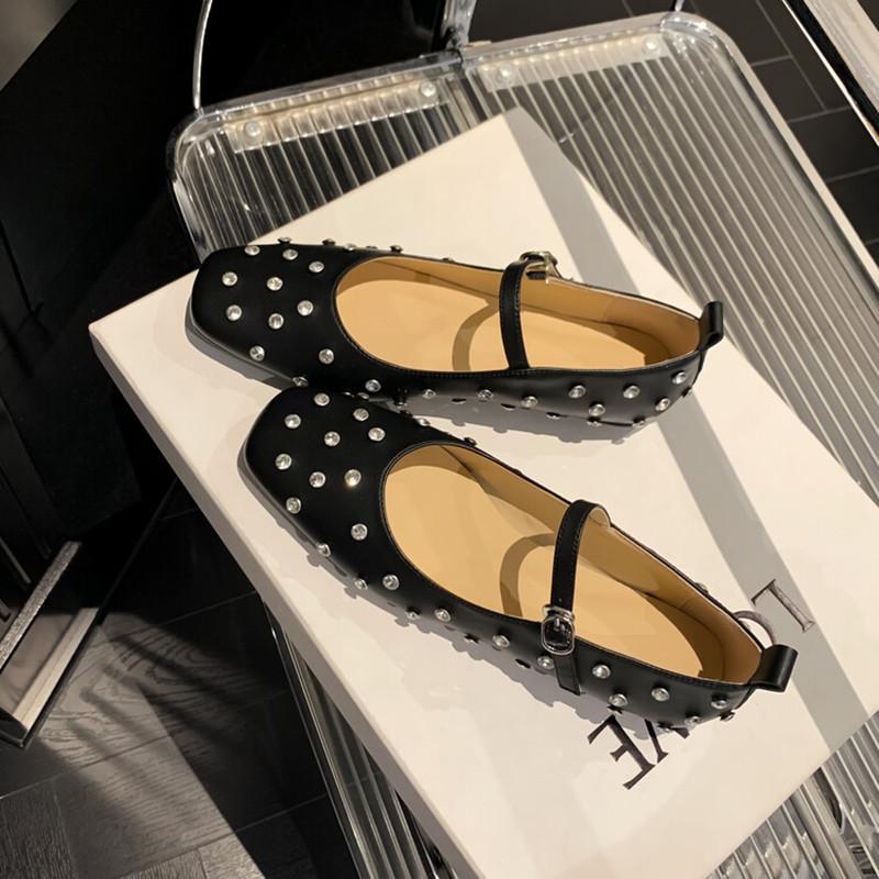 Fashion Fashion Rhinestones Rivets Studded Women Ballet Flats Comfortable Soft Soles Mary Jeans Walking Lazy Loafers Casual Girls Shoes