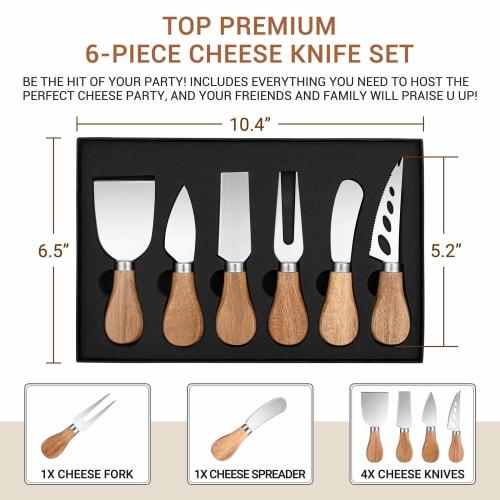 6-piece Cheese Knife Set, Stainless Steel Cheese Cutlery with Cheese Slicer and Cheese Cutter Wood Handle. Includes Cheese Knife, Cheese Fork, and Che