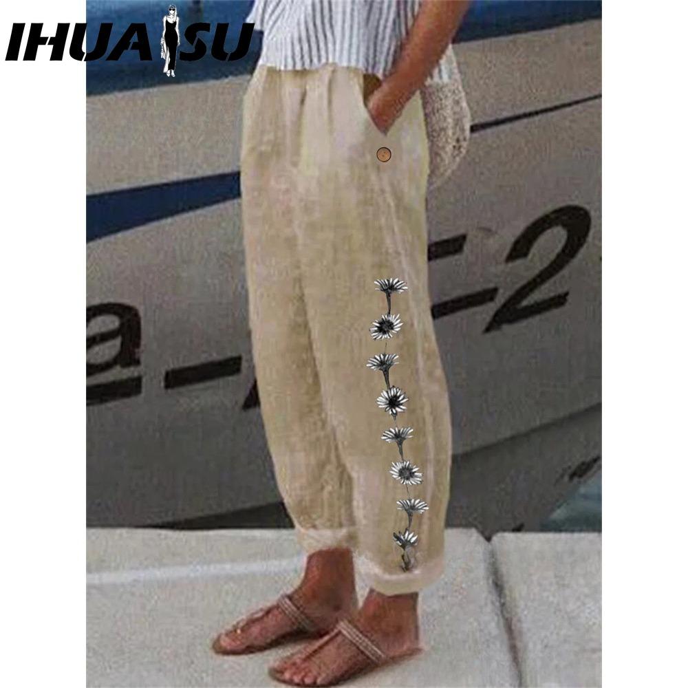 

IHUASU Модные популярные гаремные брюки с цветочным принтом и карманами-цветками, брюки со средней посадкой, уличная одежда XXXXXL хаки
