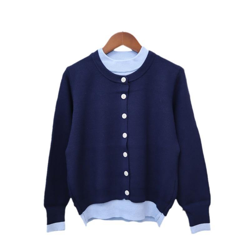 Crew Neck Fake Two-piece Knitted Cardigan Women's Autumn and Winter New Loose Contrasting Color Design Temperament Sweater Jacket