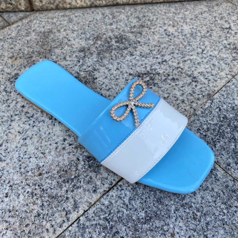 

Rhinestone Bow Colorblock Square Head Open Toe Soft Bottom Non-Slip Wear-Resistant Low Heel Flip-Flops 42 небесно-голубой