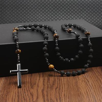 Coole Halskette mit Kreuzanhänger aus schwarzem Lavastein und gelben Tigerauge-Perlen für Herren, Rosenkranz-Schmuck