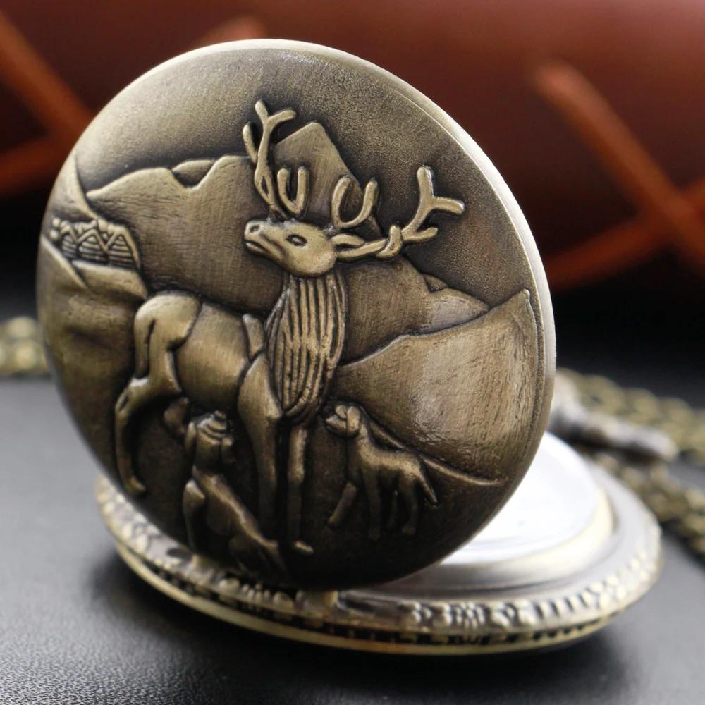 

10pcs/lot Wholesale Hunting Series Elk Display Quartz Pocket Watch Vintage Chain Necklace Roman Digital Round Dial Pendant Clock бронзовый
